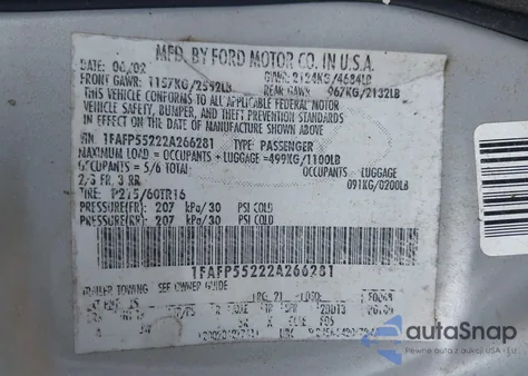 2002 Ford Taurus Ses из США, поврежденный, VIN 1FAFP55222A266281